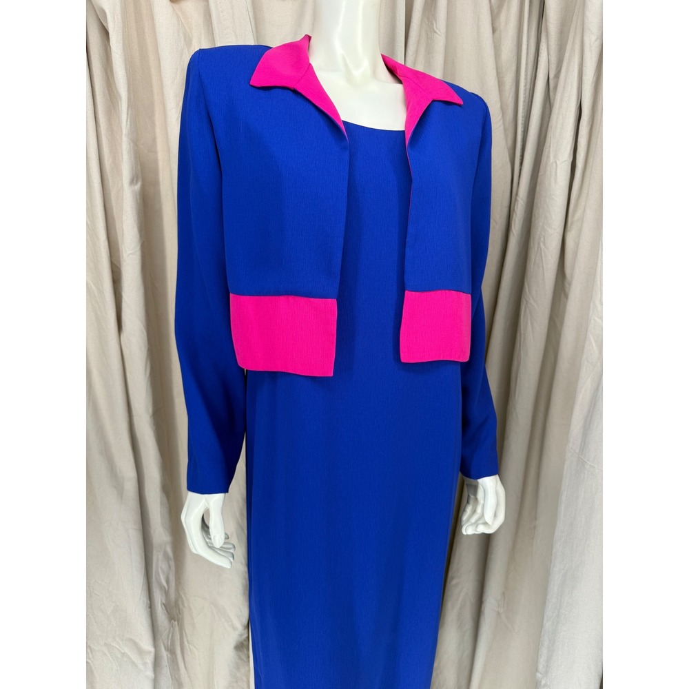 Vintage 80s Danny Nicole Dress Jacket Set 12 Blue Pink Colorblock USA 2 Piece